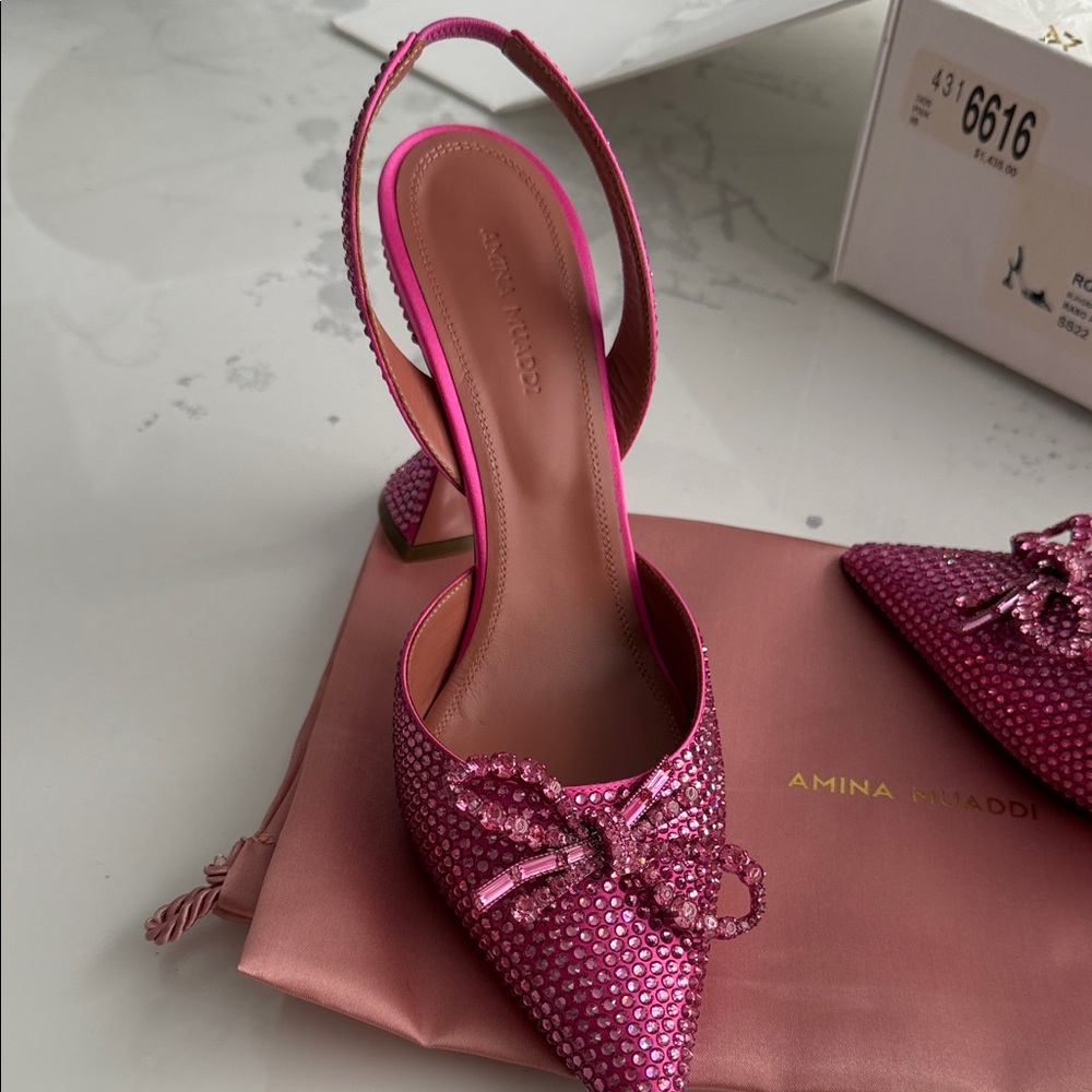 Amina Muaddi Fuchsia Crystal Slingback Pumps with Bow - Picture 3 of 14